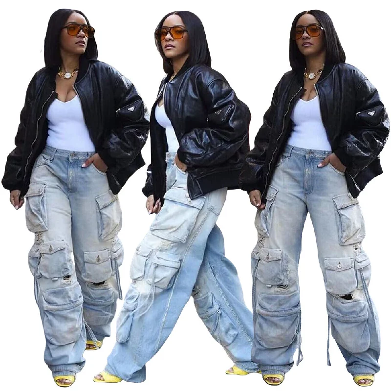 2023 New arrival Womens Cargo Pants Women Fashion High Waist Straight Baggy Jean Aesthetic Multi-pocket Trousers women clothing