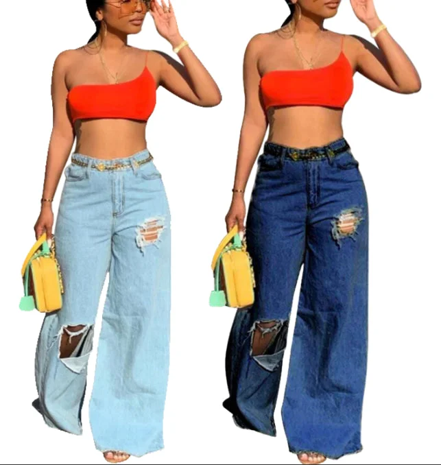 Custom New Pants Boyfriend Femme Trousers Distresses Denim Pants Ripped Wide Leg Lady Jean Women Jeans