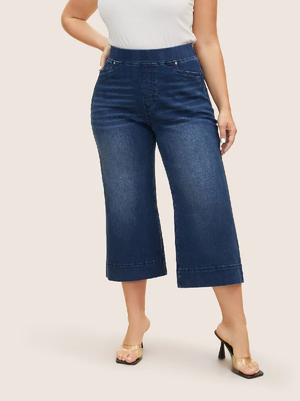 Dark Wash Elastic Waist Wide Leg Cropped Jeans