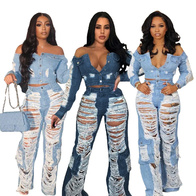 F88493 Fashion Summer Casual Design High Street Ripped Hole Big Pocket Cargo Denim Straight Jean Pants