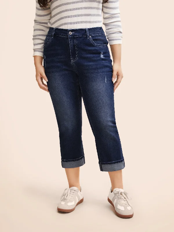 Folded Hem Rip Back Elastic Waist Jeans