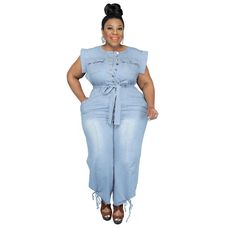 J&H fall fashion blue denim romper pants 5XL plus size jeans jumpsuits women cargo pants