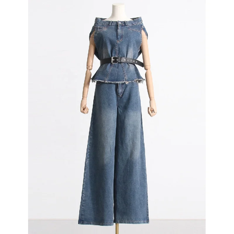 New Arrival Clothing Casual Sleeveless Denim Shirt Top With Belt Wide Leg Flare Jeans Pants Matching Sets Two 2 Piece Set Women