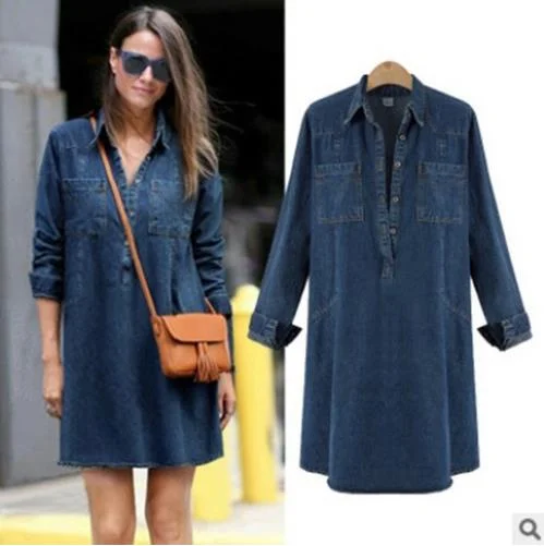 New Fashion European Women Spring Slim Long Denim Dress Ladies Plus Size Loose Casual Dress Girls Summer Jeans Clothing