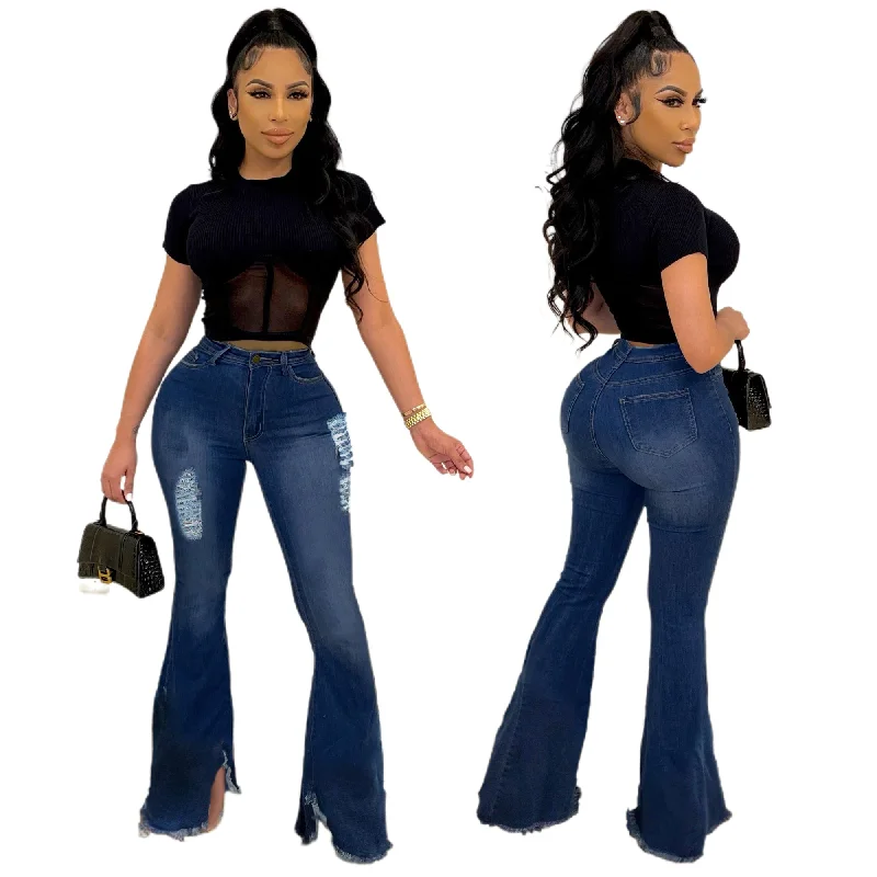 New Jeans Women's High Waist Jeans Wide-Leg Trousers Ripped Casual Trousers Denim Flared Pants Women Ripped Jeans For Women