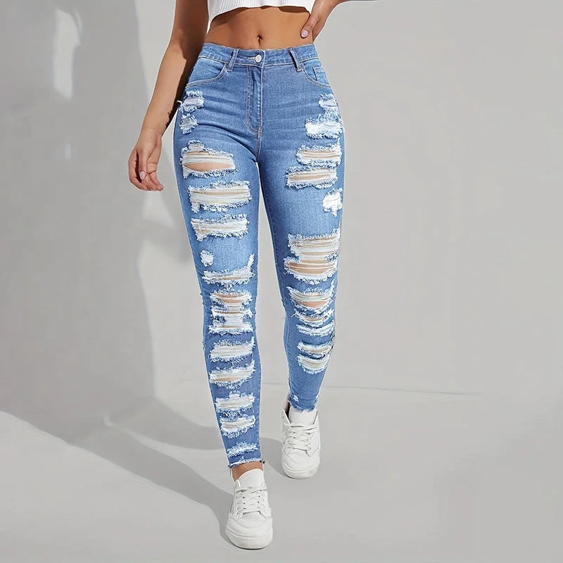 OUDINA Trendy Wholesale Casual Vintage Denim Trousers Ladies Skinny Jean Pants Ripped Jeans Women