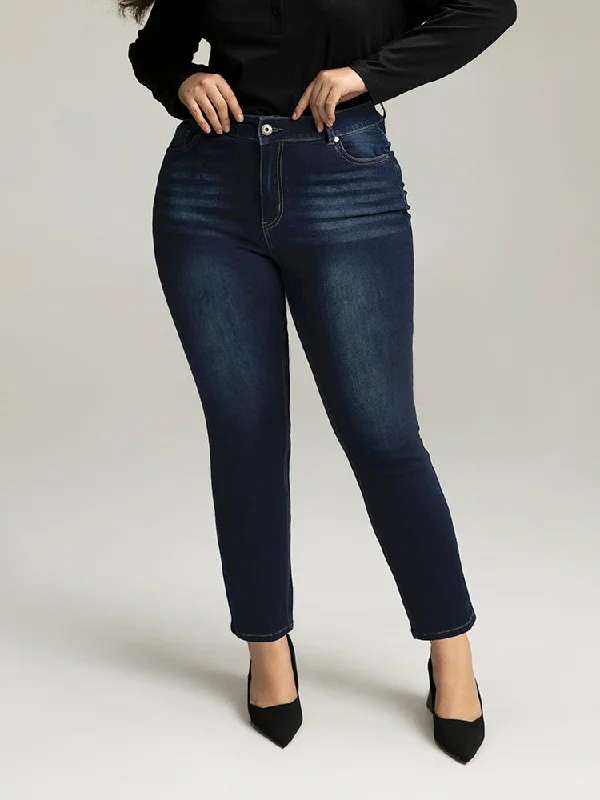 Plain Straight Leg Pocket High Rise Jeans