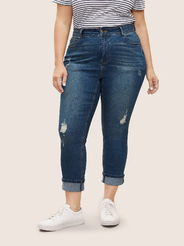 Roll Hem Ripped Pocket Straight Leg Cropped Jeans