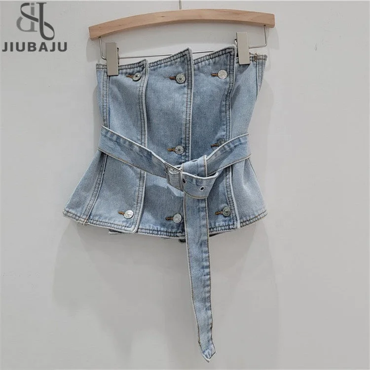 Sexy Sleeveless Crop Denim Tube Tops with Belt 2023 Summer Women Designer Y2k Slim Jeans Tank Tops