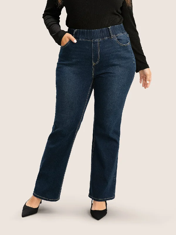 Solid Elastic Waist Pocket Full Length Jeans