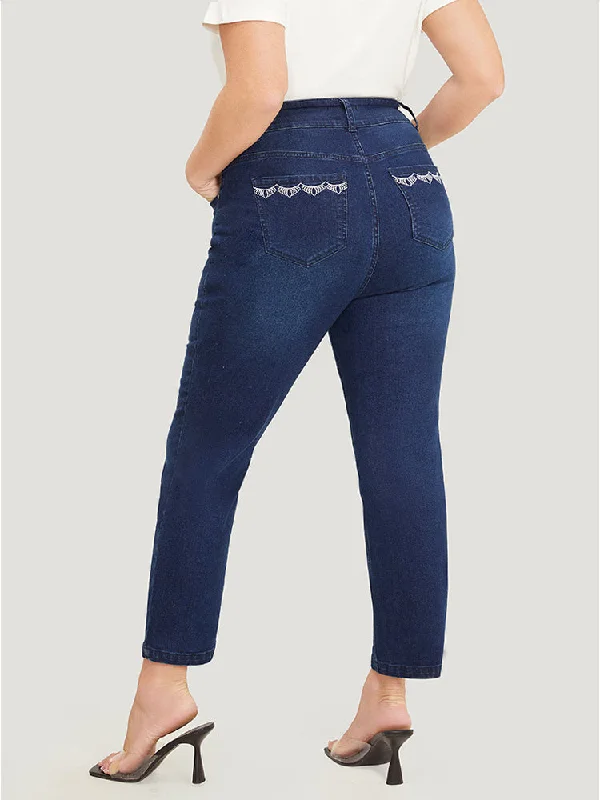 Very Stretchy High Rise Dark Wash Embroidery Back Jeans