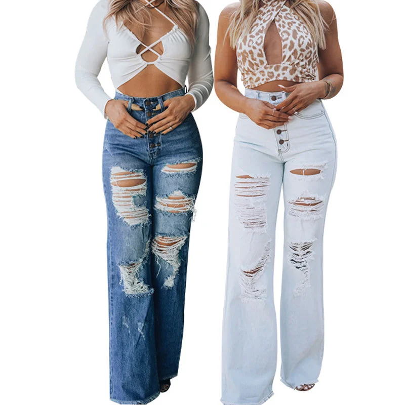 Wingtumarket ladies blue jeans pants ripped trouser stretch denim women high waist washed old slim bell bottoms fall flare jean