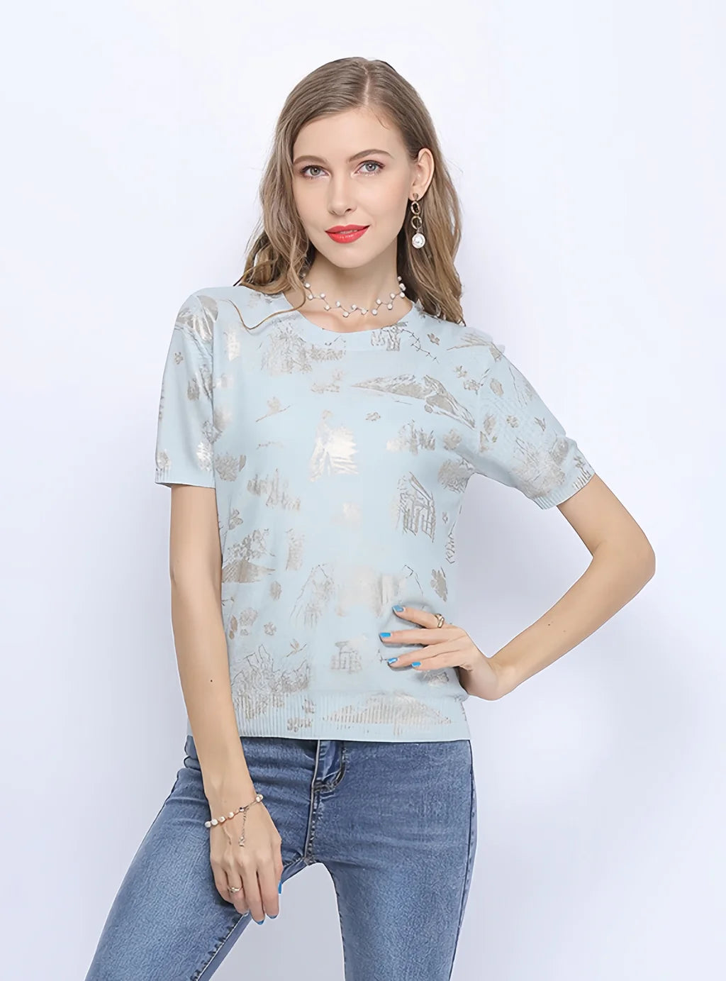 CLASSY HOT STAMPING PRINT LOOSE SHORT SLEEVE SWEATER