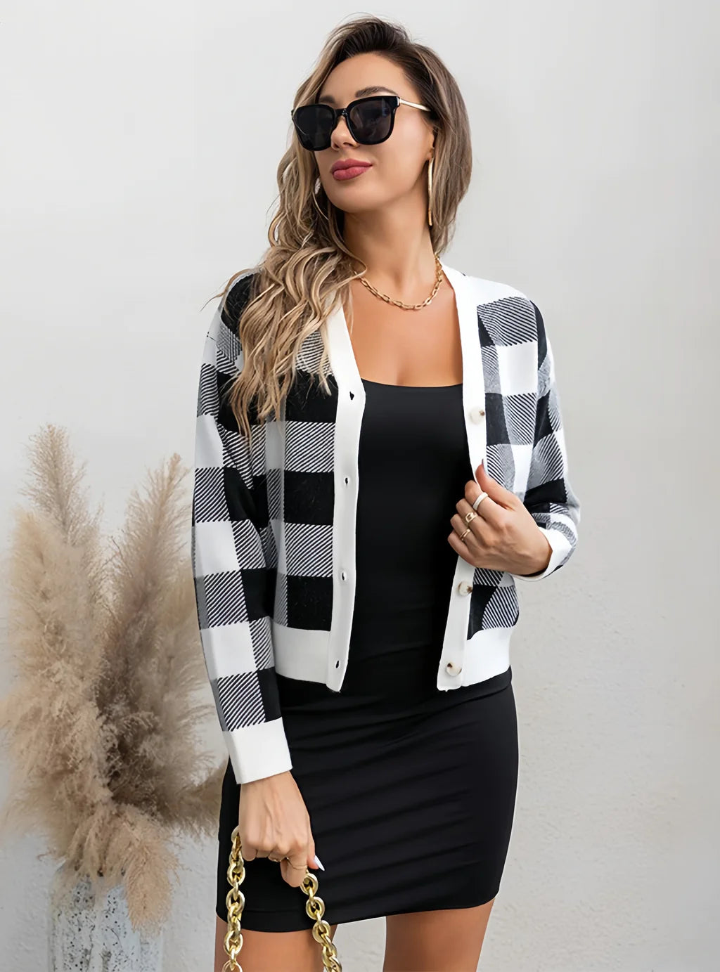 CLASSY RETRO CONTRAST CHECK SWEATER COAT