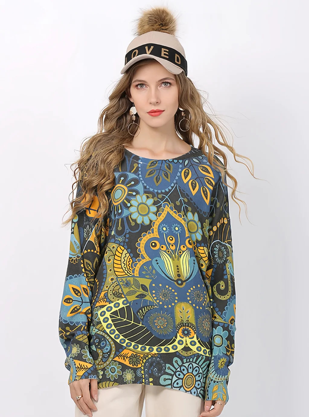 CLASSY RETRO PRINTED ROUND NECK LOOSE SWEATER