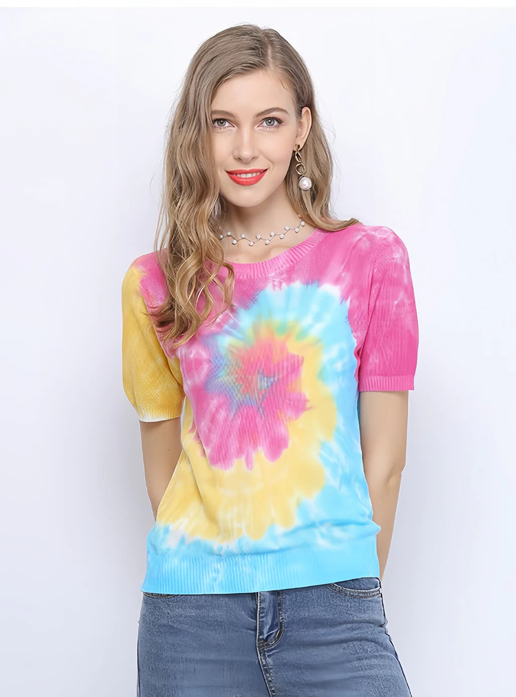 CLASSY TIE-DYED SHORT-SLEEVED THIN KNITTED TURTLENECK TOP