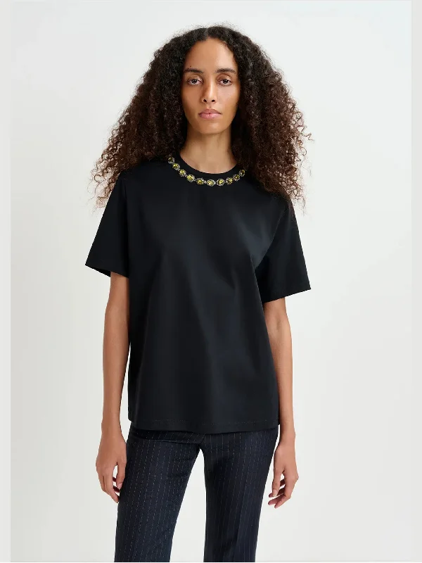 T-shirt con Ricami di Strass Nero