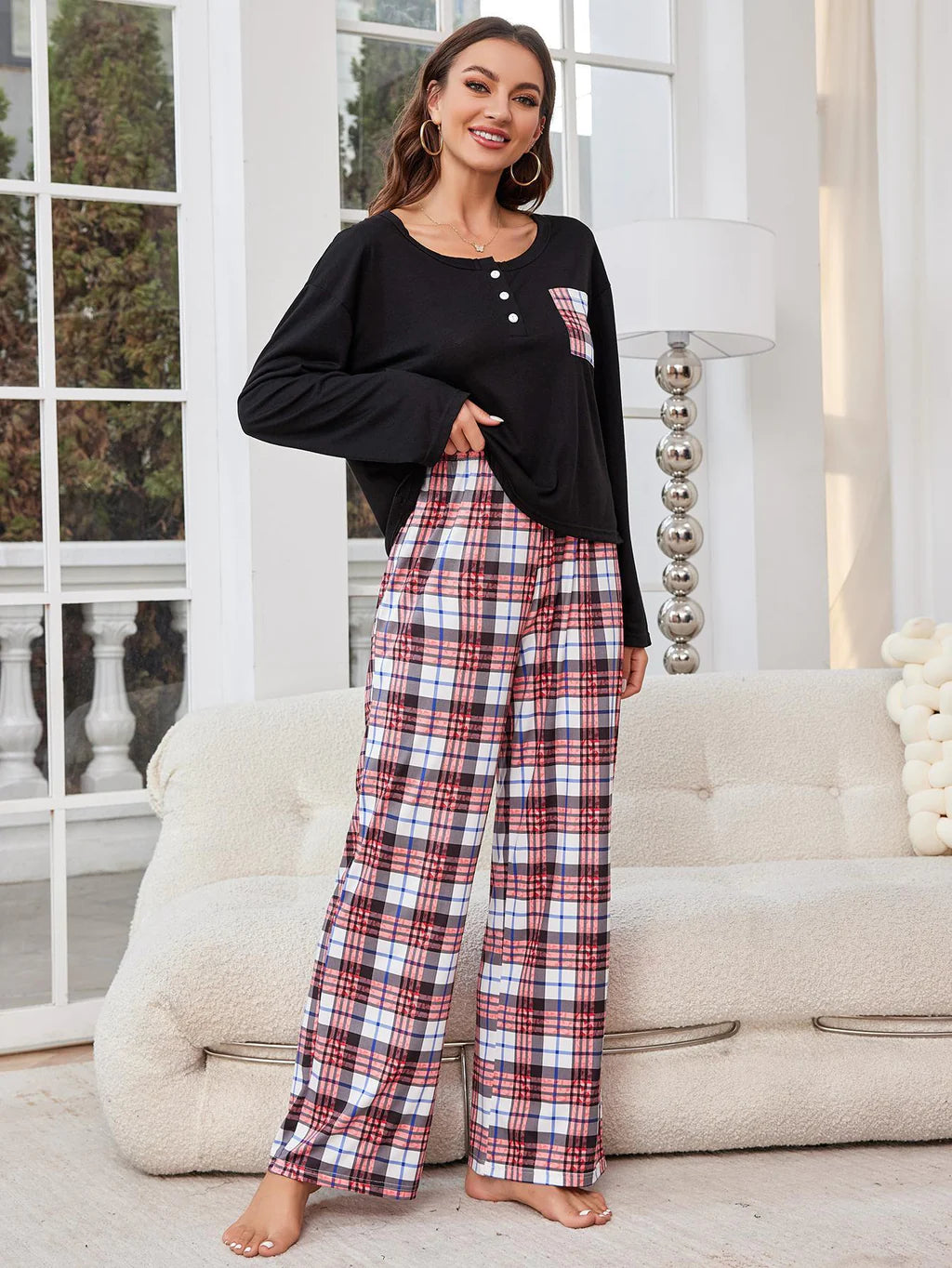 FASHION CASUAL PLAID TROUSERS LONG-SLEEVED PAJAMAS