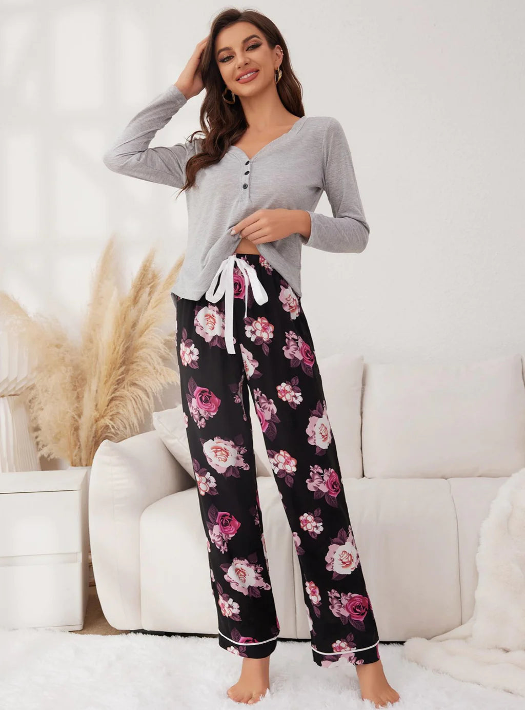 FASHION FLOWER PRINTED LONG-SLEEVED TROUSERS PAJAMAS SET