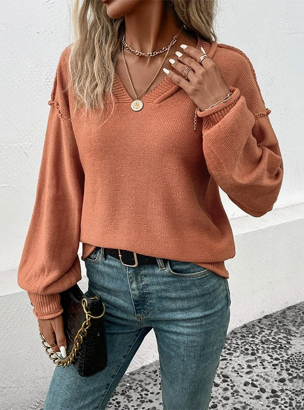 FASHION LONG SLEEVE SOLID COLOR V-NECK SWEATER