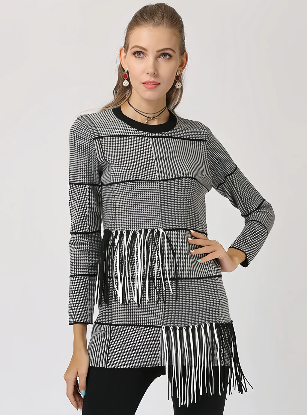 FASHION PULLOVER STRIPED ROUND NECK FRINGED SWEATER