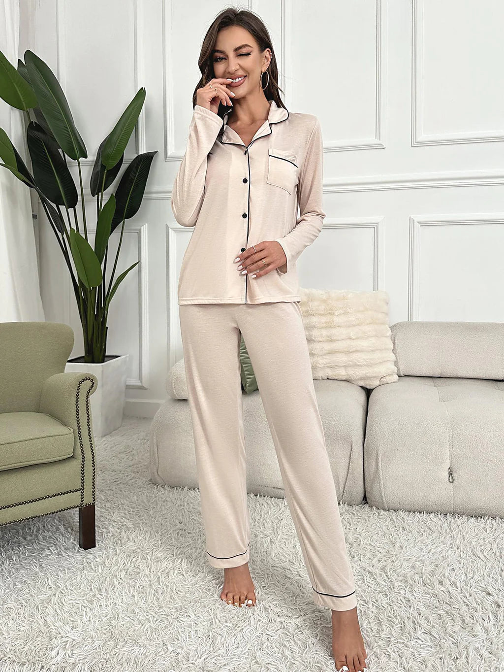 FASHION SOLID COLOR LONG SLEEVE HOME SUIT