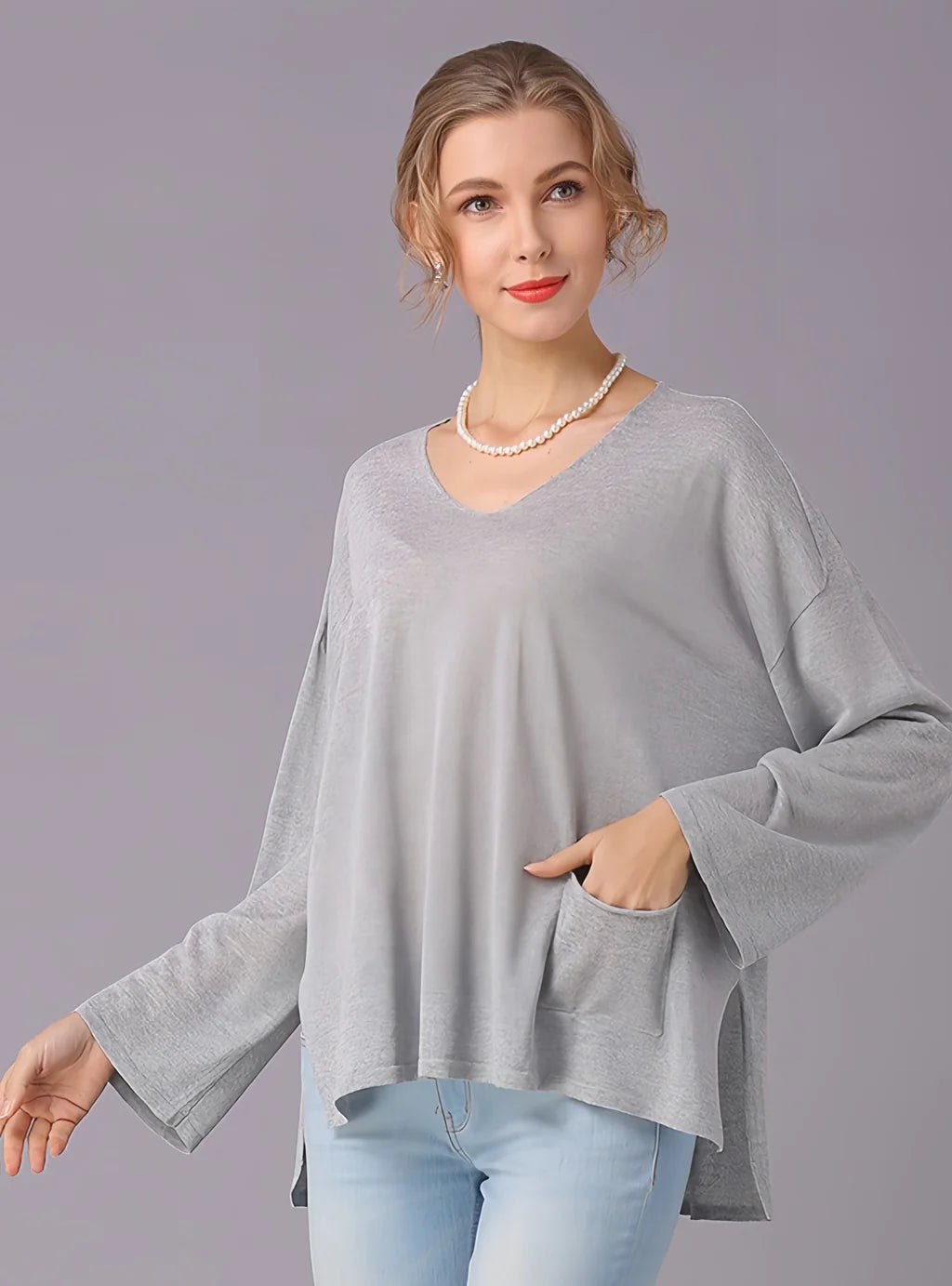 FASHION V-NECK LONG-SLEEVED SOLID COLOR SWEATER