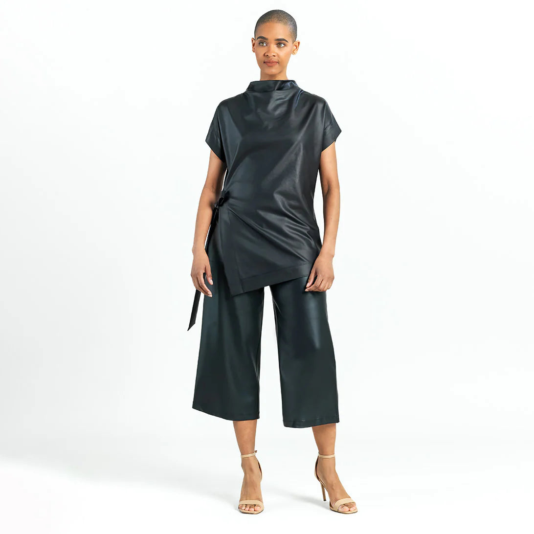 Liquid Leather™ - Funnel Neck Side Vent Tie Tunic - Black