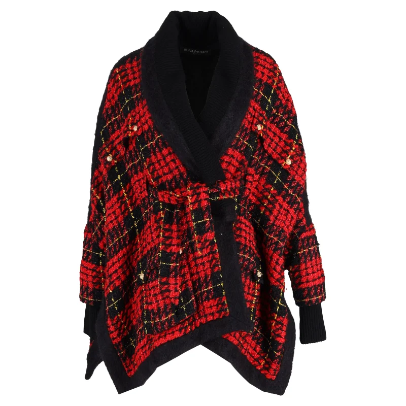 Balmain Oversized Tartan Tweed Jacket In Red Polyester