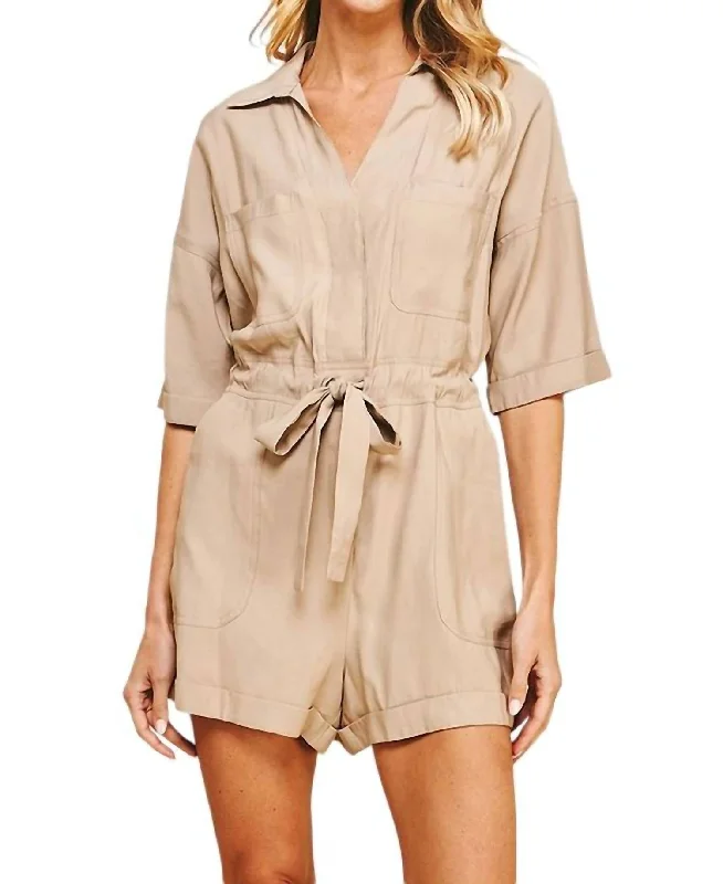 Belted Romper In Taupe