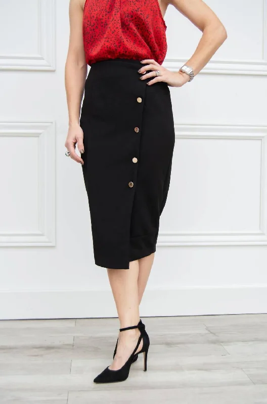 Button Front Pencil Skirt In Black