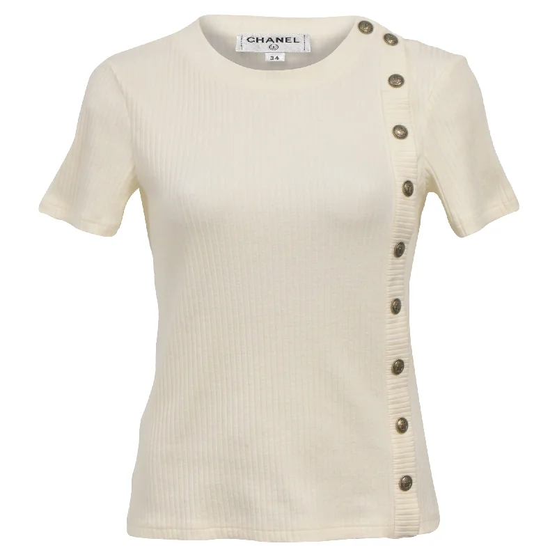 Chanel Side Button Ribbed T-Shirt in Cream Cotton