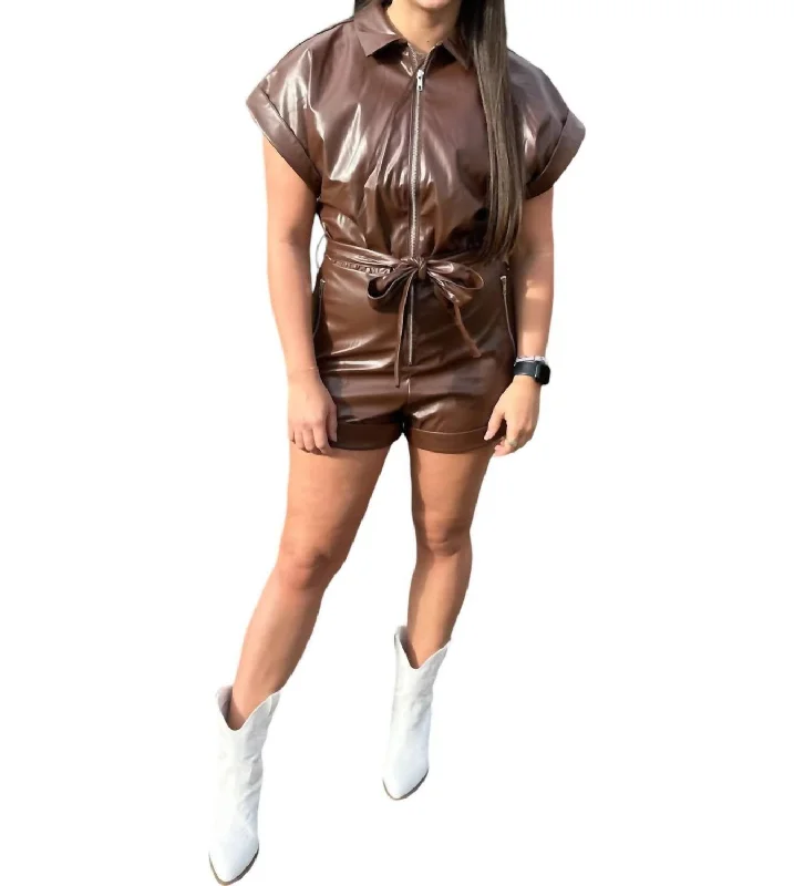 Faux Leather Romper In Brown