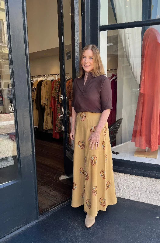 Hanley Midi Skirt Caramel Peacock Embroidered