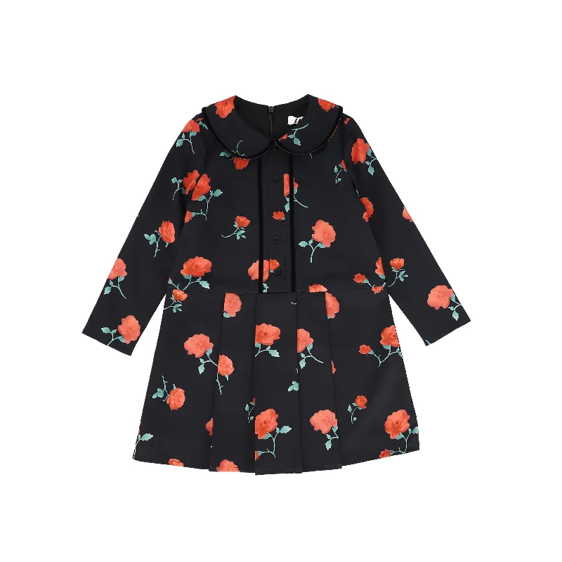 LILOU BLACK/RED FLORAL VELVET PIPING PLEAT DRESS [FINAL SALE]