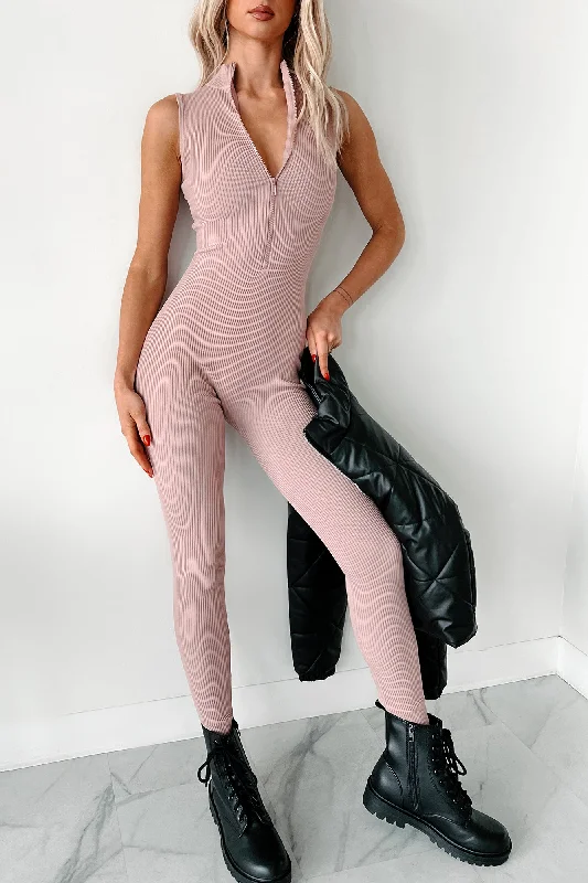 Luck Of The Draw Ribbed Half Zip Jumpsuit (Dusty Pink)