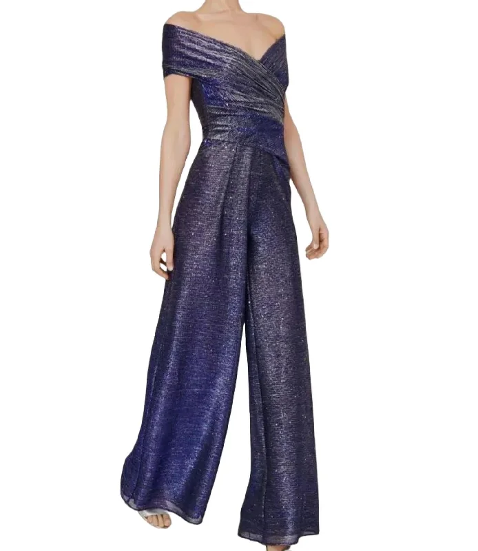 Metallic Voille Jumpsuit In Purple