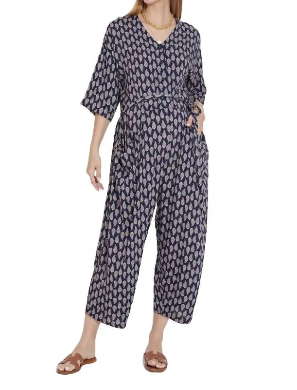 Paisley Printed Silk Jumpsuit In Navy