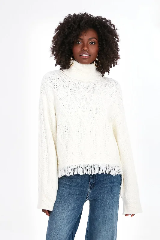 Cream Cable Pattern Turtleneck Fringe Sweater